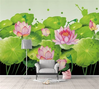 обои beibehang на заказ, модная фреска, современная серия lotus leaf carp, ретро-акварель, фон для гостиной, украшение дома