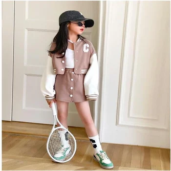Весенне-осенний спортивный костюм, новая бейсбольная куртка, короткая юбка, комплекты детской одежды из двух предметов, уличная одежда с надписью в корейском стиле.