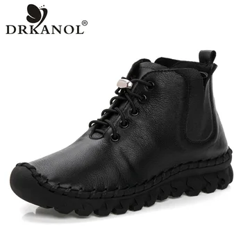 DRKANOL Модные ботильоны ручной работы из натуральной кожи, осенне-зимняя теплая обувь на мягкой резиновой подошве, повседневные короткие ботинки