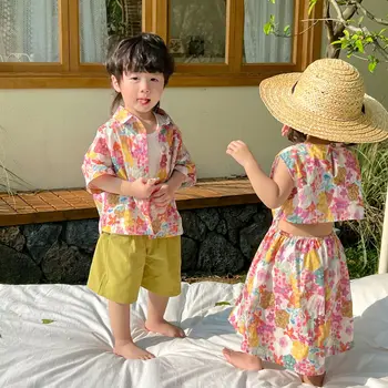 Корейская детская одежда 2023, Летние рубашки с цветочным рисунком для мальчиков, Шорты, костюм-двойка, платья с цветочным рисунком для девочек, Комплекты детской праздничной одежды