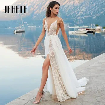 Винтажное свадебное платье JEHETH трапециевидной формы с V-образным вырезом 2023, пляжные свадебные платья на бретельках с кружевным разрезом сбоку, Vestido De Novia