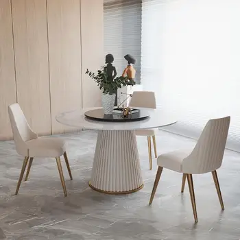 Наборы обеденных столов из белого мрамора Поворотный стол на раме из нержавеющей стали Бытовой Белый Кухонный круглый стол с 4 стульями Мебель для дома