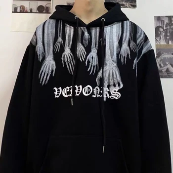 Темно-черный пуловер с капюшоном для мужчин High Street Skeleton Ghost Спортивная толстовка с принтом ручной работы Свободный пуловер в стиле хип-хоп уличная одежда