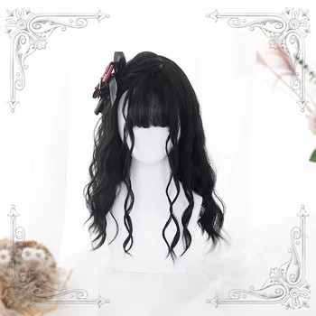 Высококачественный мягкий парик для девочек в стиле Лолиты из натуральной черной воздушной челки с водной волной