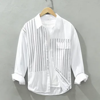 2129 Мужская рубашка в полоску из 100% хлопка в стиле пэчворк в японском стиле, уютная простая базовая черно-белая блузка, повседневные свободные топы с длинными рукавами для подростков
