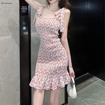 Женское летнее облегающее платье с принтом, модное бандажное платье-русалка на бретельках, элегантные сексуальные клубные мини-платья в корейском стиле