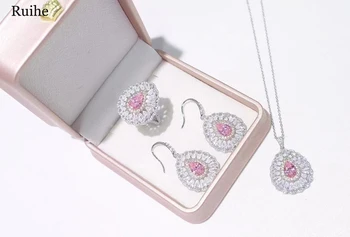 Ожерелье из стерлингового серебра Ruihe S925, серьги, Кольцо, Розовый циркон, драгоценные камни в форме капли воды, Ювелирный набор, Подарок для дам на вечеринку