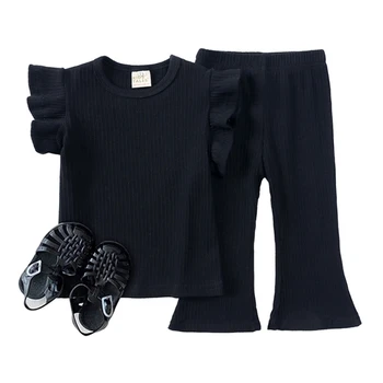 Детский домашний костюм, комплект из двух предметов, одежда для малышей, летняя футболка с развевающимися рукавами и брюки-клеш, модный комплект