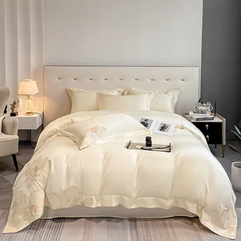 Комплект из четырех предметов из штапельного хлопка Light Luxury длиной 60 см, простая вышивка, однотонное постельное белье