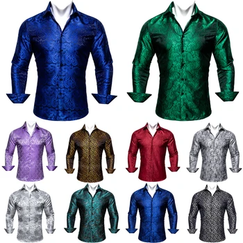 Роскошные шелковые рубашки для мужчин, синие, зеленые, фиолетовые, золотые, красные, белые, серебристо-бирюзовые, черные, с цветочной вышивкой Пейсли, мужские топы с длинными рукавами