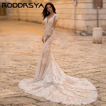 RODDRSYA Сексуальное свадебное платье Русалки с глубоким V-образным вырезом, Элегантное свадебное платье с аппликацией с длинным рукавом, Vestido De Noiva на пуговицах, с открытой спиной