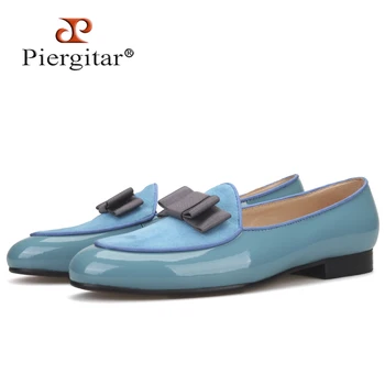 Piergitar/ 2020 мужская обувь ручной работы из лакированной кожи небесно-голубого цвета ручной работы с модным бантом; мужские лоферы с кожаной стелькой на плоской подошве; большие размеры