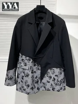 Весеннее повседневное пальто с принтом в стиле пэчворк Мужская готическая мода Черный костюм на одной пуговице, уличная одежда свободного кроя, мужские блейзеры, топы