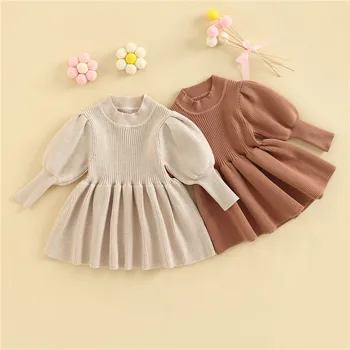 Осенне-зимнее платье для маленьких девочек 0-36 месяцев, однотонное вязаное платье-свитер с длинным рукавом и круглым вырезом для маленьких девочек