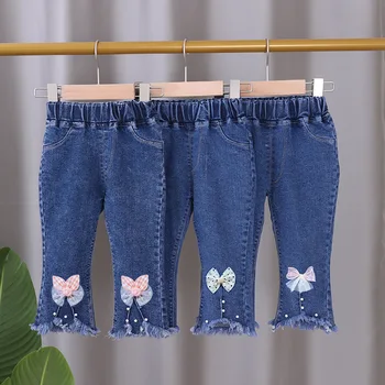 Джинсы для девочек, детские джинсовые брюки, детские повседневные штаны с героями мультфильмов, осенне-весенняя одежда для маленьких девочек от 1 до 5 лет