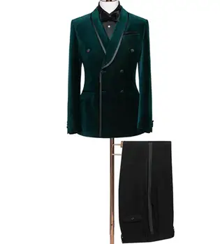 Костюм Homme Бархатный мужской костюм из 2 предметов Зеленый блейзер Черные брюки Двубортный Тонкий Модный Деловой Современный свадебный жених