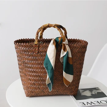 Новая портативная соломенная сумка большой емкости, сумка-тоут, ретро шелковый шарф, сумка ручной работы, женская сумка для корзины с дикорастущими овощами.