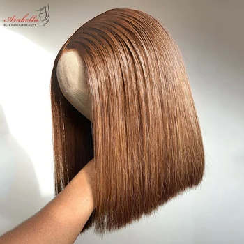 Каштановый парик Боб 4x4 Прозрачный Кружевной парик из 100% человеческих волос, парики с обесцвеченными узлами, Т-образный кружевной парик Arabella Remy из человеческих волос