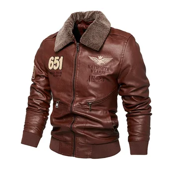 Мужская флисовая утепленная куртка из искусственной кожи, кожаная верхняя одежда в стиле милитари, съемный меховой воротник, ветрозащитное кожаное пальто