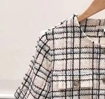 Женская клетчатая тканая куртка с короткими рукавами, офисная женская одежда с карманом, французский бренд, элегантная женская куртка для пригородных поездок, новинка 2021 года