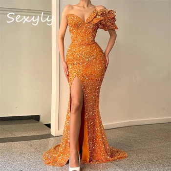Официальное платье для выпускного вечера с оранжевыми блестками и разрезом на одно плечо 2023, Вечерние платья Русалки, Женская одежда для танцев на день рождения