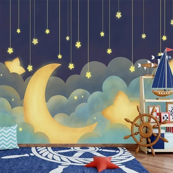 Изготовленная на Заказ Фреска Ручной Росписи Звезд И Луны Мультфильм Звездное Небо Детская Комната Фон Стены Papel De Parede Tapety Обои Искусство