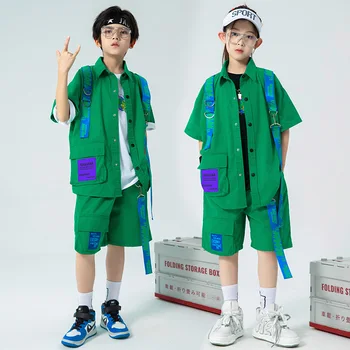Летняя Новая модная детская одежда в стиле хип-хоп, хлопковая зеленая рубашка + шорты, комплект из 2 предметов, одежда для джазовых танцев для мальчиков и девочек от 6 до 16 лет