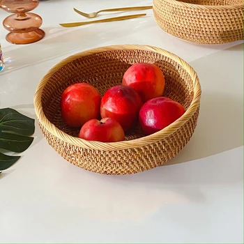 Круглая плетеная корзина для фруктов, естественная простота, корзина для хранения из ротанга ручной работы, износостойкая, экологически чистая для торта, закусок, напитков