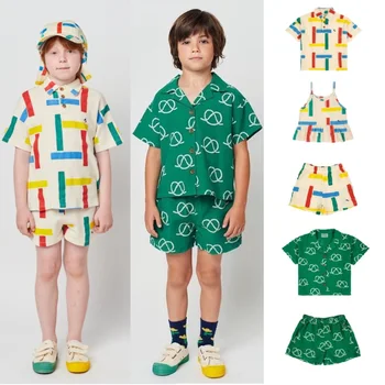 Детские рубашки 2023, Весна и лето, Новая модная рубашка для мальчиков, повседневные шорты, подтяжки для девочек, топы, детская одежда