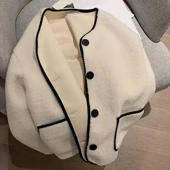 Женское осенне-зимнее пальто с длинными рукавами, однобортный кардиган, толстая шерстяная ткань контрастного цвета, карманы, зимнее пальто OL Styel