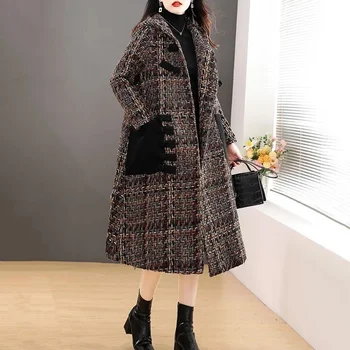 Весной и осенью 2023 года Новое модное шерстяное пальто в стиле ретро в клетку Выше колена, шерстяное пальто в клетку.