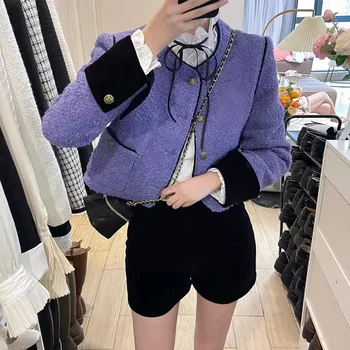 Фиолетовая куртка знаменитости, женская новинка 2022 года, с круглым вырезом, в стиле пэчворк, короткое пальто с длинным рукавом и высокой талией