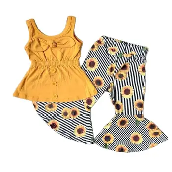 Детская одежда в вертикальную полоску с цветочным рисунком подсолнуха, летний бутик-костюм без рукавов для маленьких девочек, расклешенные штаны, комплекты