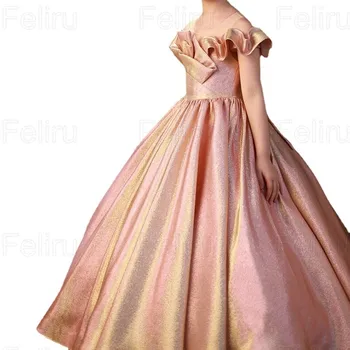 Розовые блестящие платья для девочек-цветочниц, Элегантное бальное платье принцессы для детского дня рождения, простое платье для Первого причастия с бантом длиной до пола