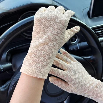 1 Пара сексуальных кружевных перчаток с цветочным принтом, Солнцезащитные перчатки для вождения на велосипеде, перчатки с полными пальцами, женские тонкие кружевные солнцезащитные перчатки, варежки