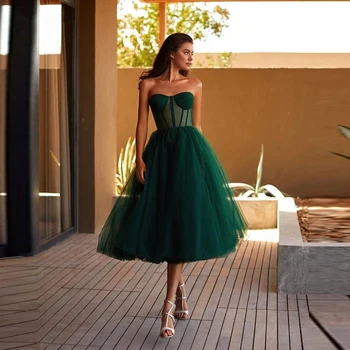 ANGELSBRIDEP, Саудовская Аравия, Темно-зеленые короткие платья для выпускного вечера трапециевидной формы, прозрачный корсет, вечерние платья чайной длины, дешевые