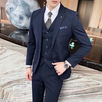 [Пиджак + жилет + брюки] Модный мужской приталенный костюм 2022 года / Мужские полные костюмы из высококачественного чистого хлопка в полоску
