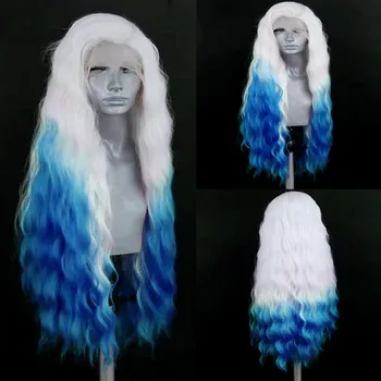 AIMEYA Бело-синие Синтетические парики с кружевом спереди для женщин и девочек, синий парик Омбре, Термостойкие синтетические волосы, Повседневный парик для косплея