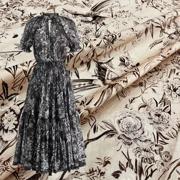 Цифровая печать с трехцветным рисунком в виде цветов и птиц, тонкая хлопчатобумажная ткань для летнего платья-рубашки для пошива одежды по мерке