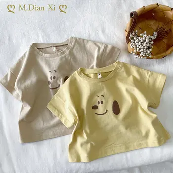 Летняя детская одежда 2023 года, хлопковая футболка с короткими рукавами для щенков, пуловер с круглым вырезом для мальчиков и девочек, Базовая футболка с джокером, детская одежда