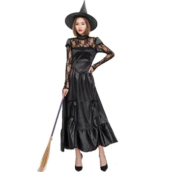 Взрослые женщины, готический костюм Ведьмы-призрака Мортисии Аддамс на Хэллоуин, Ужас, Черное кружевное платье в пол, халат, одежда для дам