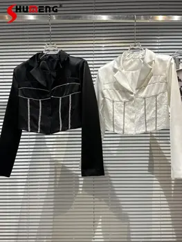 Элегантный женский кружевной вязаный со стразами Белый костюм, пальто для женщин, Весна 2023, Новый Элегантный черный блейзер с лацканами и длинным рукавом, куртка