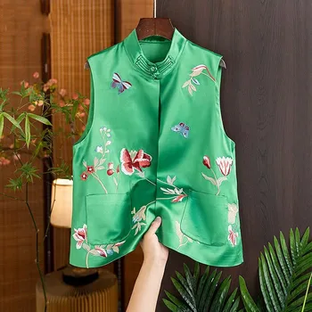 Ретро Этнический улучшенный жилет с вышивкой в китайском стиле Чонсам, зажим для жилета, новинка 2023 года, весенне-летняя женская верхняя одежда, жилет
