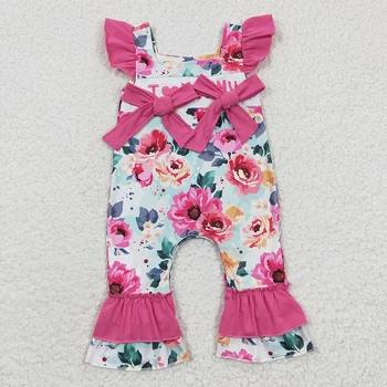 Оптовая продажа, комбинезон с цветочным рисунком для новорожденных девочек, комбинезон с цветочным рисунком и бантом, летняя цельная одежда для малышей