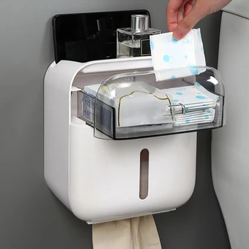 Настенная коробка для туалетных салфеток Без перфорации, Водонепроницаемый Многофункциональный пластиковый ящик, держатель для бумаги, стеллаж для хранения в ванной