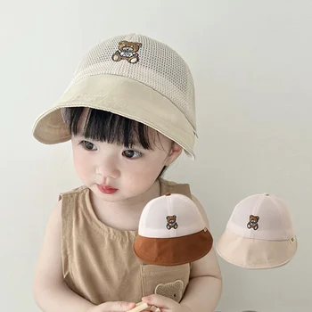 Детская бейсболка Летняя сетчатая дышащая детская солнцезащитная шляпа с большими полями для малышей, милая шляпа от солнца с медведем для мальчиков и девочек