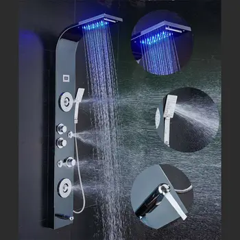 Матовая светодиодная панель для душа с водопадом, наполненная дождем, струи СПА-распылителя, 3 ручки, душевая колонка, смеситель, башня, ручной душ, носик для ванны