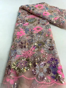 Розовая кружевная ткань с пайетками в Африканском стиле, 5 ярдов, 2023 г., Высококачественная кружевная ткань для пошива платья в Нигерийском стиле для жениха, Свадебная вечеринка
