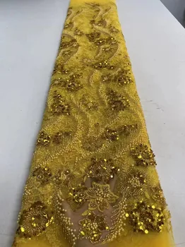 Роскошная кружевная ткань с тяжелыми кристаллами, расшитая бисером Ручной работы, вышивка пайетками, Африканский кружевной материал для свадебных платьев QF0751