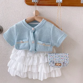Корейский детский кардиган для маленьких вязаных девочек 2022 года, юбка-торт для маленьких девочек, комплект из двух предметов